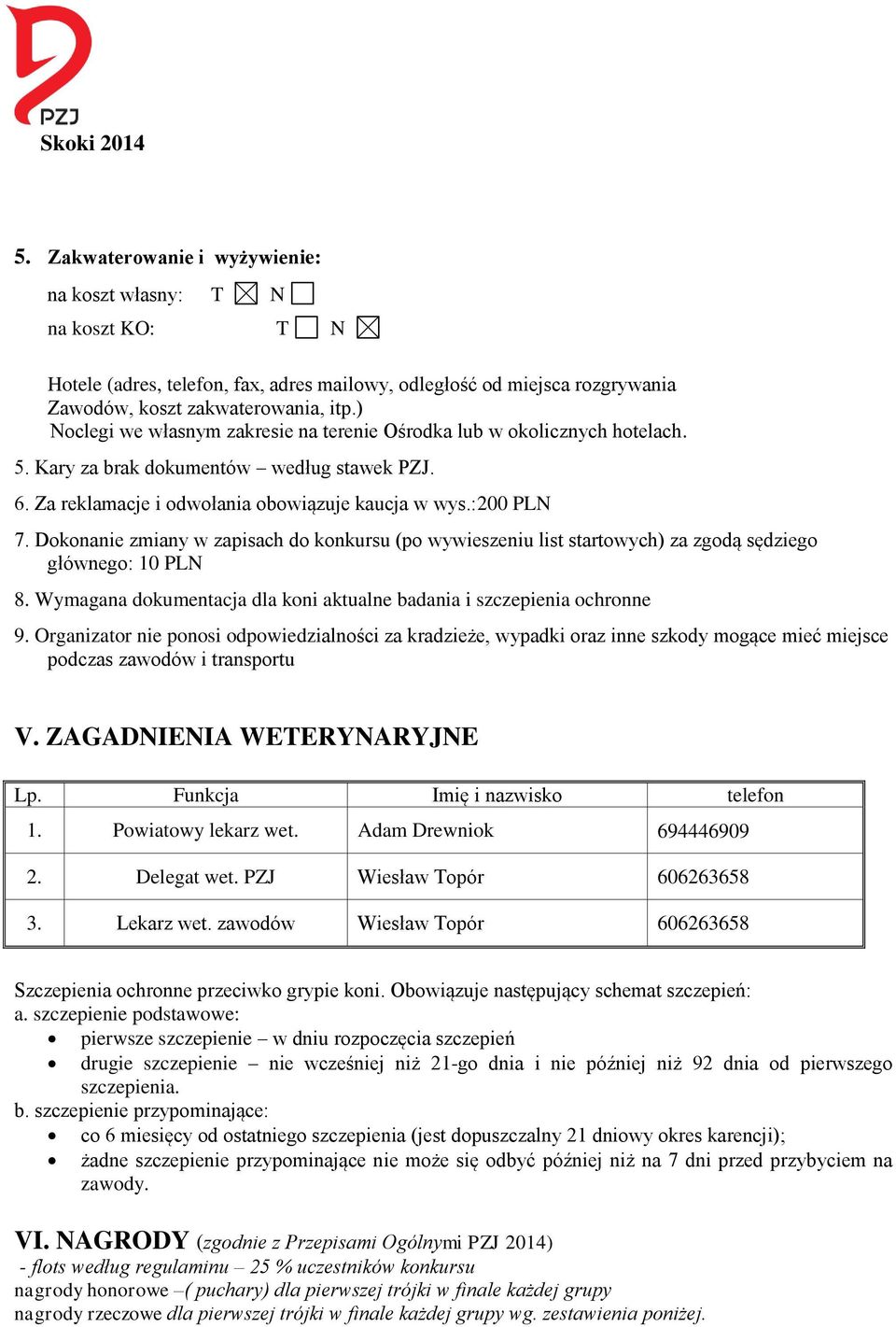 Dokonanie zmiany w zapisach do konkursu (po wywieszeniu list startowych) za zgodą sędziego głównego: 10 PLN 8. Wymagana dokumentacja dla koni aktualne badania i szczepienia ochronne 9.