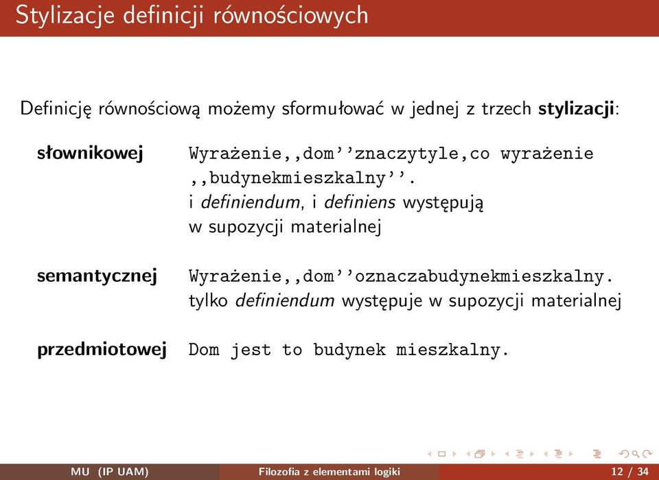 i definiendum, i definiens występują w supozycji materialnej Wyrażenie,,dom oznaczabudynekmieszkalny.