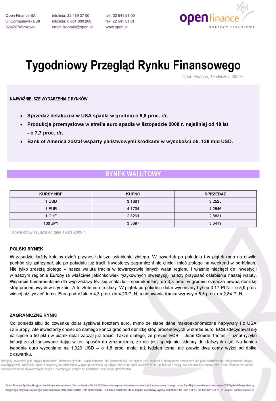 RYNEK WALUTOWY KURSY NBP KUPNO SPRZEDAŻ 1 USD 3,1881 3,2525 1 EUR 4,1704 4,2546 1 CHF 2,8261 2,8831 100 JPY 3,5697 3,6419 Tabela obowiązująca od dnia 16.01.2009 r.