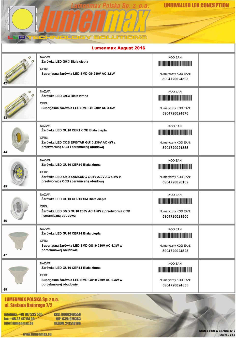 5904720021855 45 Żarówka LED GU10 CER10 Biała zimna Żarówka LED SMD SAMSUNG GU10 230V AC 4.