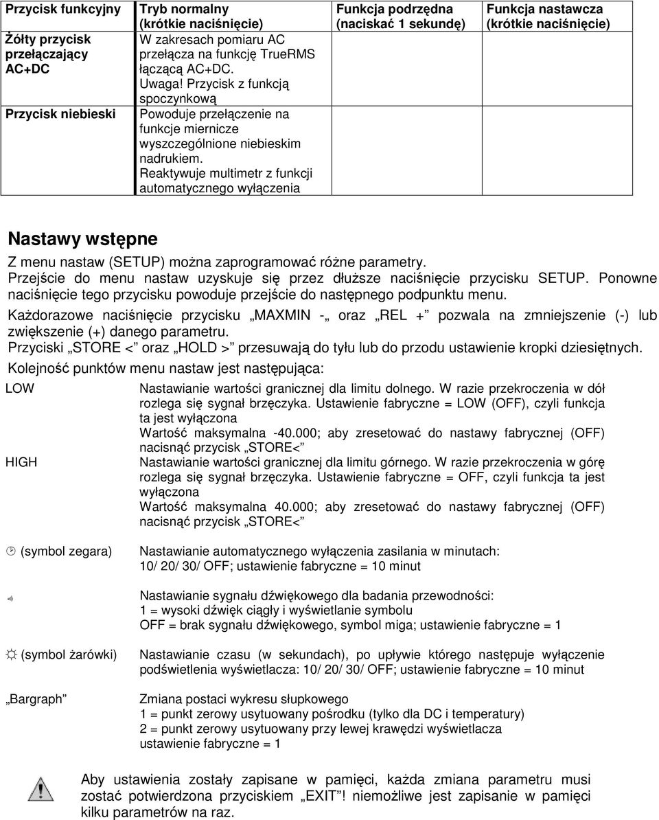 Reaktywuje multimetr z funkcji automatycznego wyłączenia Funkcja podrzędna (naciskać 1 sekundę) Funkcja nastawcza (krótkie naciśnięcie) Nastawy wstępne Z menu nastaw (SETUP) można zaprogramować różne