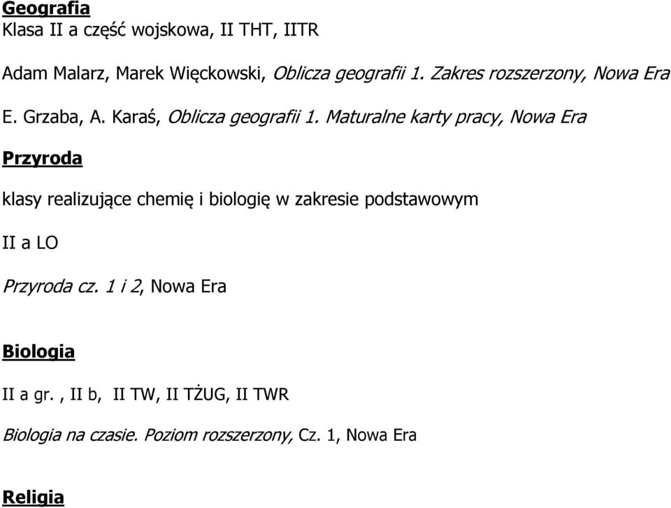 Maturalne karty pracy, Nowa Era Przyroda klasy realizujące chemię i biologię w zakresie podstawowym II a