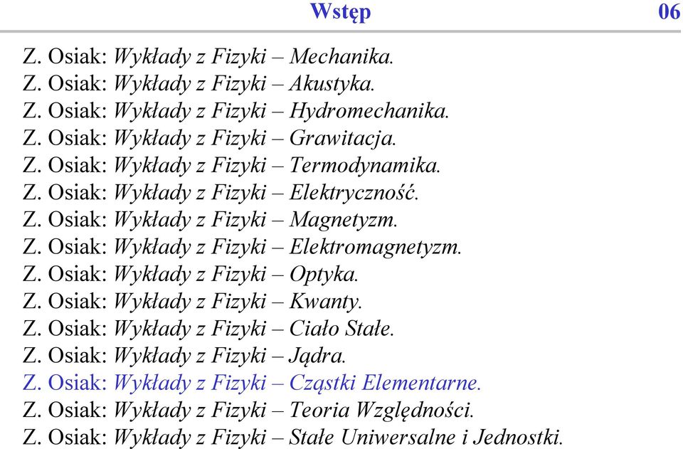 Z. Osiak: Wykłady z Fizyki Optyka. Z. Osiak: Wykłady z Fizyki Kwanty. Z. Osiak: Wykłady z Fizyki Ciało Stałe. Z. Osiak: Wykłady z Fizyki Jądra. Z. Osiak: Wykłady z Fizyki Cząstki Elementarne.