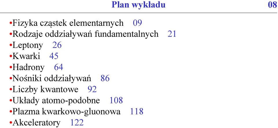 Hadrony 64 Nośniki oddziaływań 86 Liczby kwantowe 92