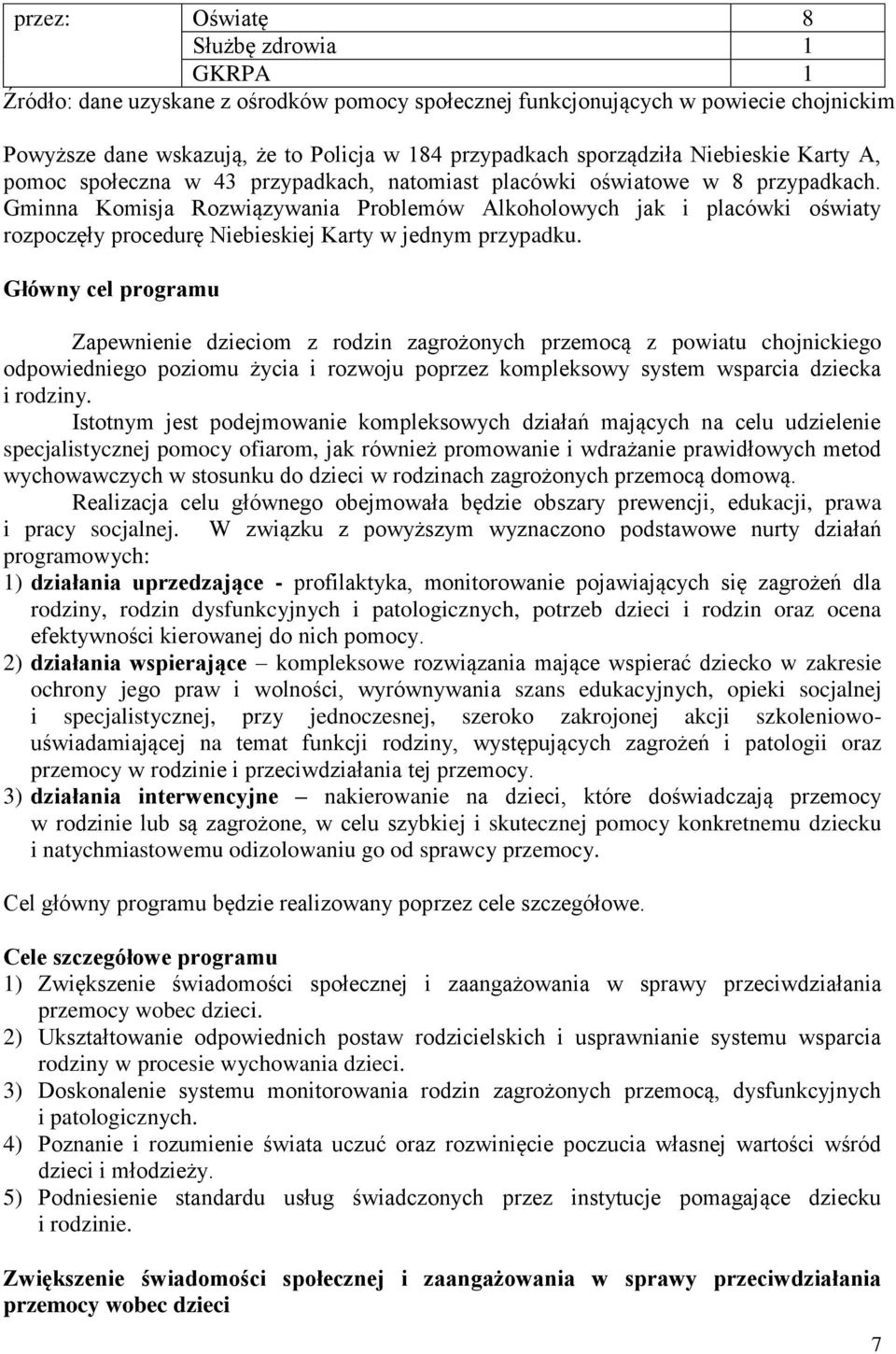 Gminna Komisja Rozwiązywania Problemów Alkoholowych jak i placówki oświaty rozpoczęły procedurę Niebieskiej Karty w jednym przypadku.