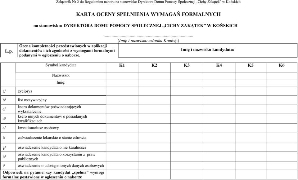 ... (Imię i nazwisko członka Komisji) Ocena kompletności przedstawionych w aplikacji dokumentów i ich zgodności z wymogami formalnymi Imię i nazwisko kandydata: podanymi w ogłoszeniu o naborze.