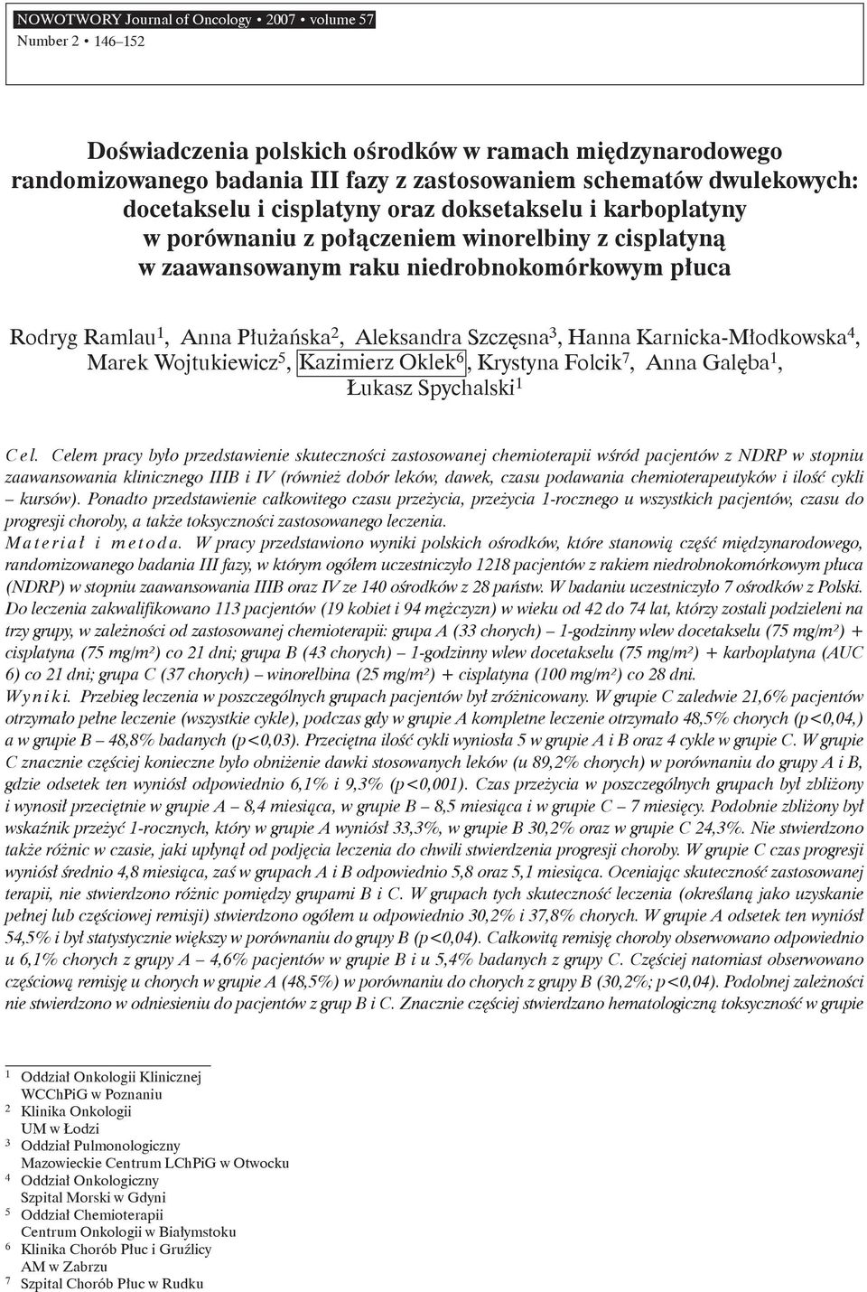 Aleksandra Szczęsna 3, Hanna Karnicka-Młodkowska 4, Marek Wojtukiewicz 5, Kazimierz Oklek 6, Krystyna Folcik 7, Anna Galęba 1, Łukasz Spychalski 1 C e l.