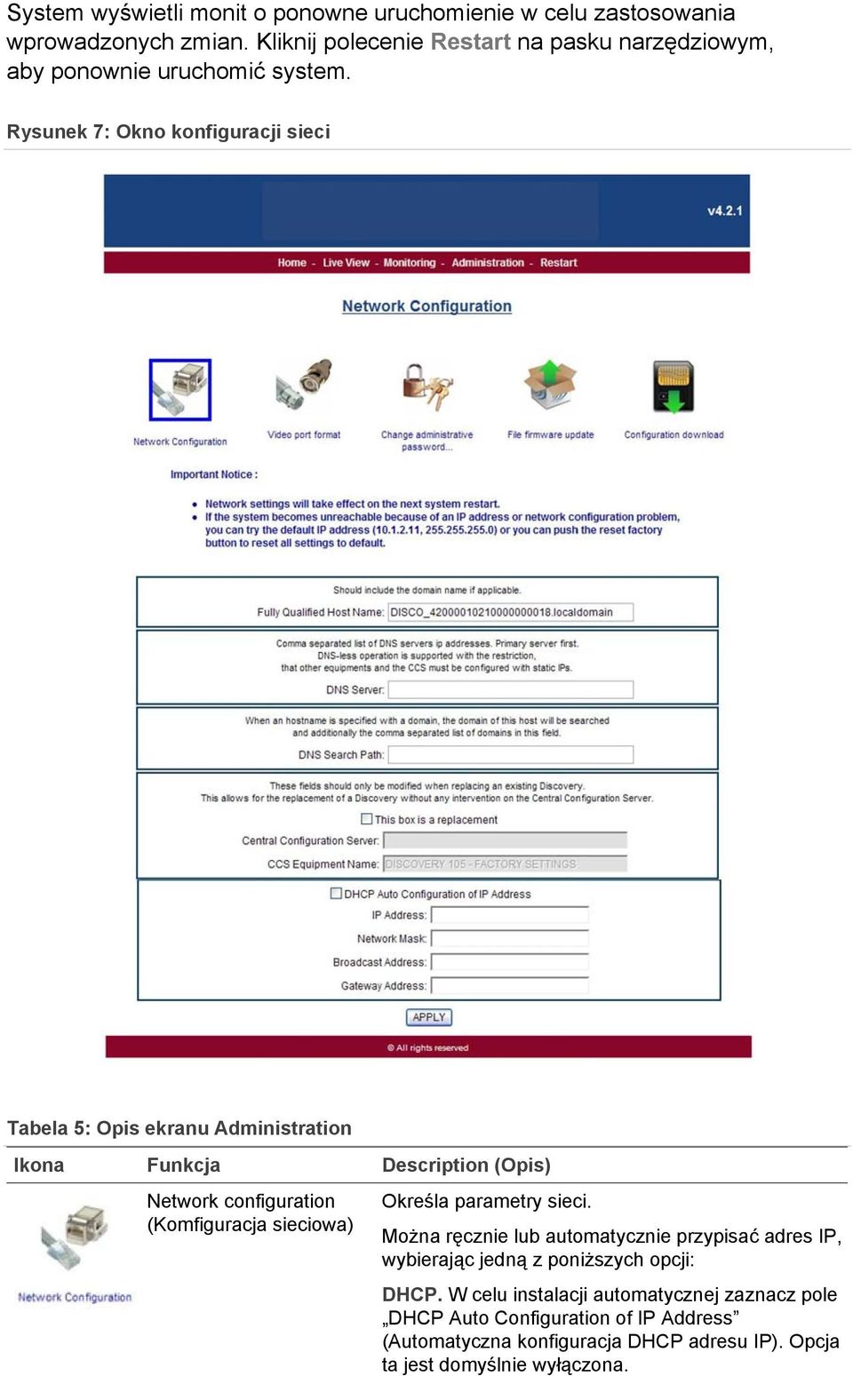 Rysunek 7: Okno konfiguracji sieci Tabela 5: Opis ekranu Administration Ikona Funkcja Description (Opis) Network configuration (Komfiguracja