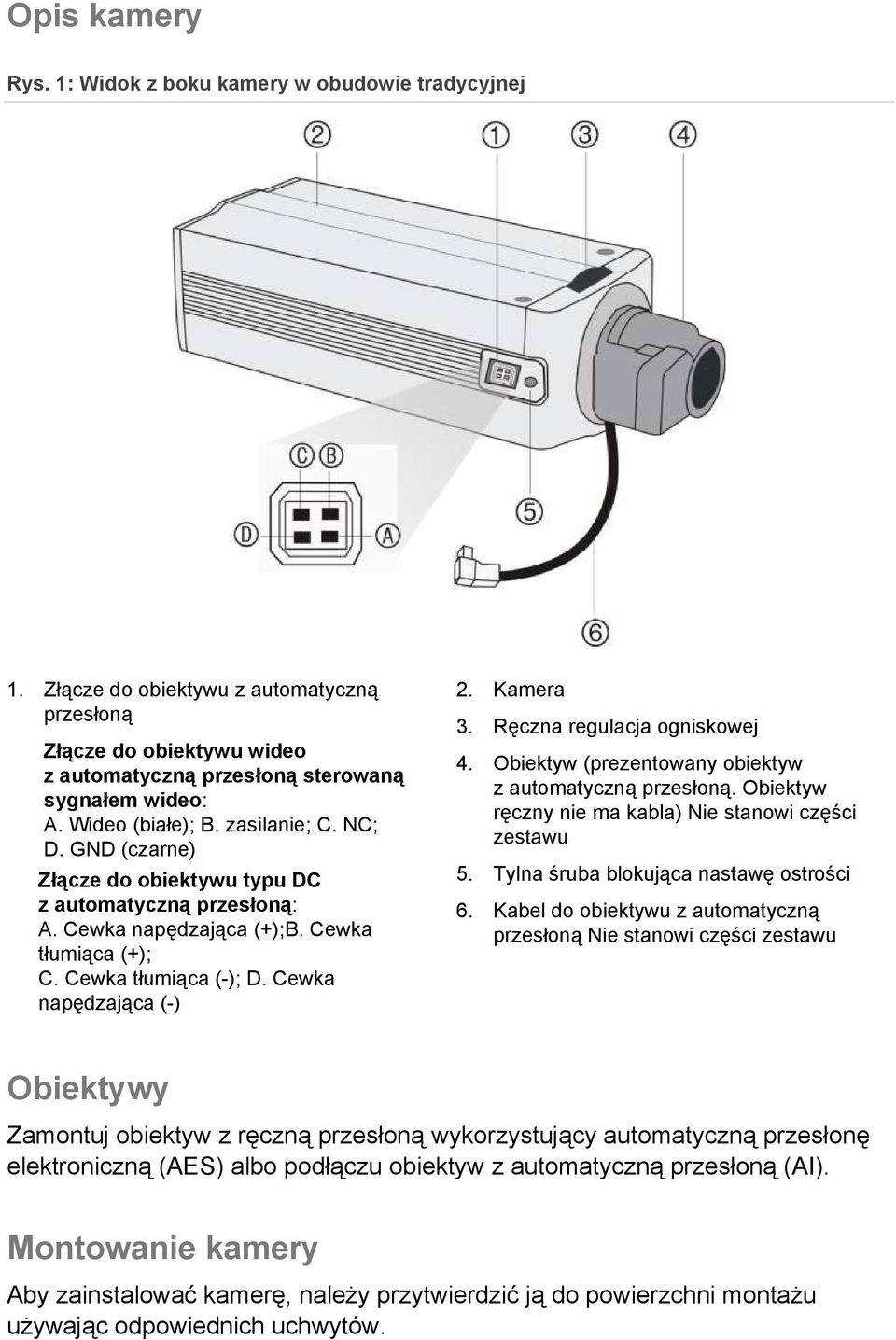 Cewka napędzająca (-) 2. Kamera 3. Ręczna regulacja ogniskowej 4. Obiektyw (prezentowany obiektyw z automatyczną przesłoną. Obiektyw ręczny nie ma kabla) Nie stanowi części zestawu 5.