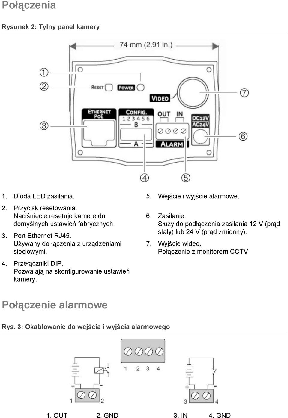 Przełączniki DIP. Pozwalają na skonfigurowanie ustawień kamery. 5. Wejście i wyjście alarmowe. 6. Zasilanie.