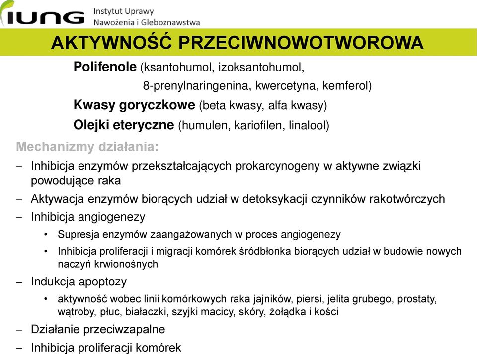 Indukcja apoptozy Polifenole (ksantohumol, izoksantohumol, aktywność wobec linii komórkowych raka jajników, piersi, jelita grubego, prostaty, wątroby, płuc, białaczki, szyjki macicy, skóry,