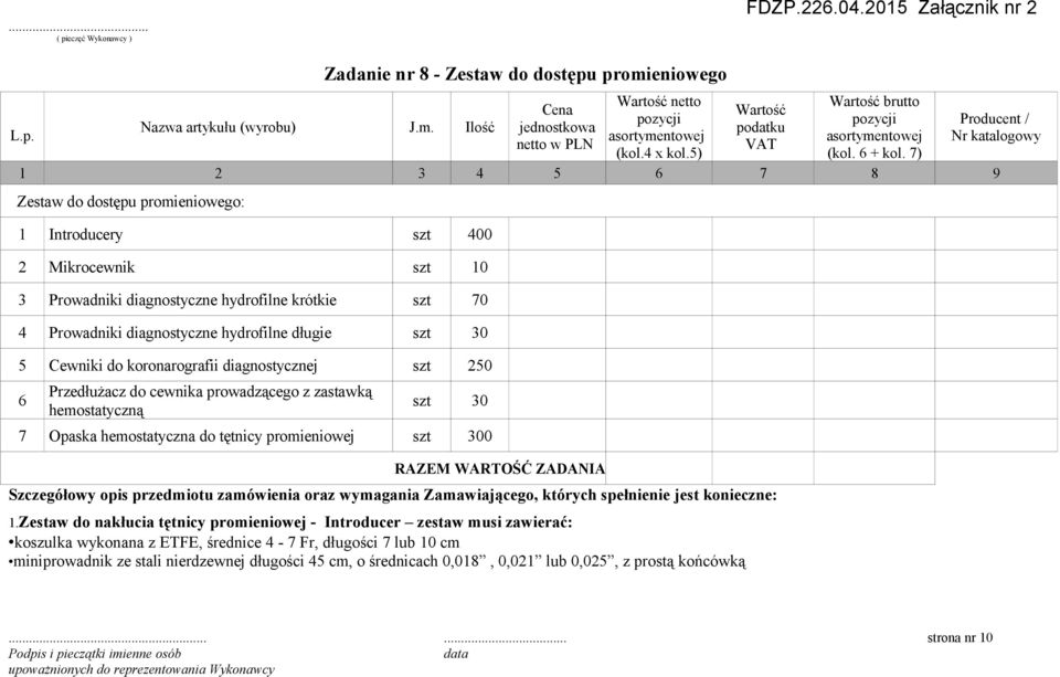 Prowadniki diagnostyczne hydrofilne krótkie szt 70 4 Prowadniki diagnostyczne hydrofilne długie szt 30 5 Cewniki do koronarografii diagnostycznej szt 250 6 Przedłużacz do cewnika