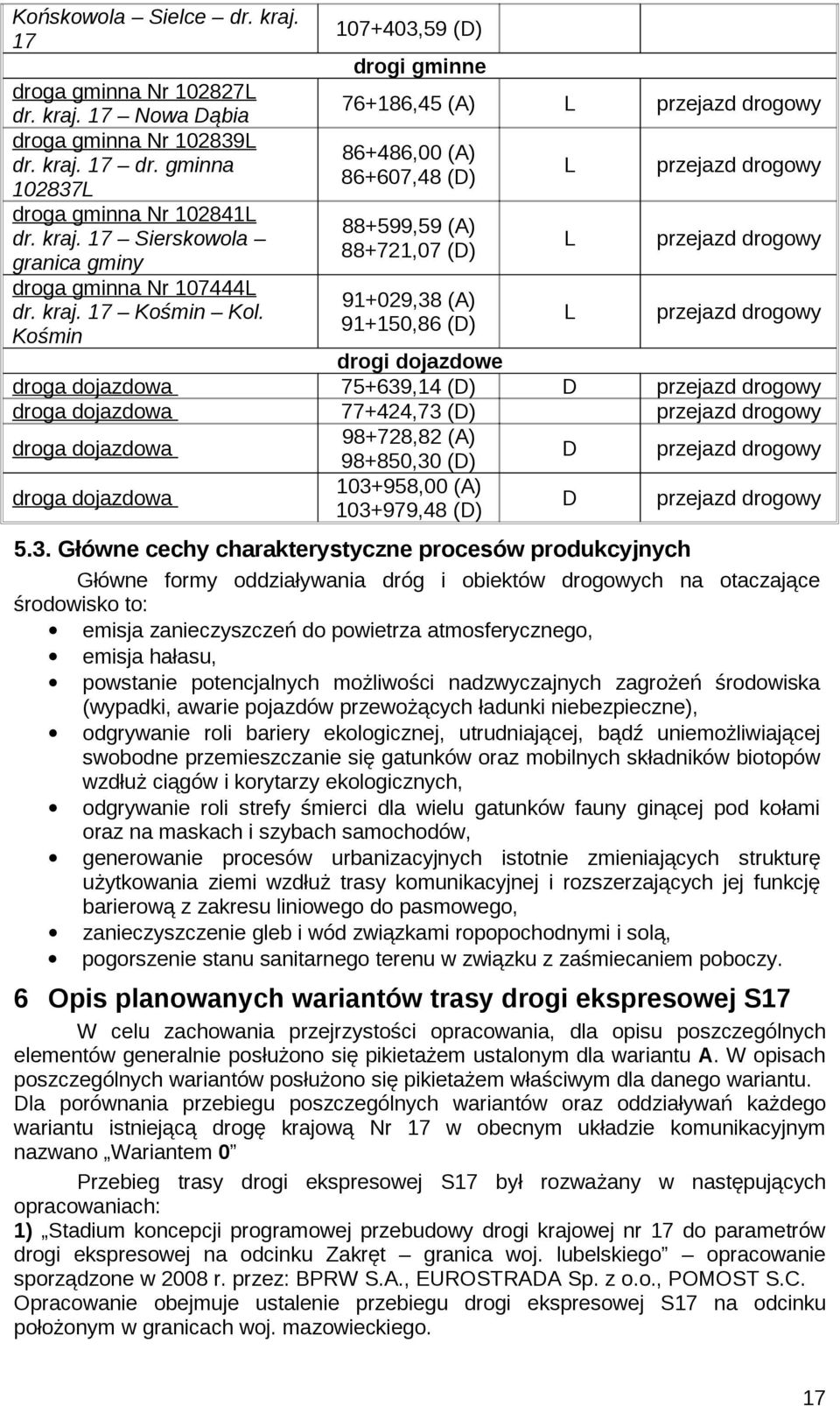 Kośmin droga dojazdowa droga dojazdowa droga dojazdowa droga dojazdowa 76+186,45 (A) L przejazd drogowy 86+486, (A) 86+67,48 (D) L przejazd drogowy 88+599,59 (A) 88+721,7 (D) L przejazd drogowy