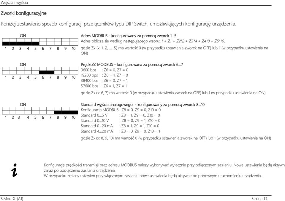 przypadku ustawienia zworek na OFF) lub 1 (w przypadku ustawienia na ON) ON Prędkość MODBUS konfigurowana za pomocą zworek 6 7 9600 bps : Z6 = 0, Z7 = 0 1 2 3 4 5 6 7 8 9 10 19200 bps : Z6 = 1, Z7 =