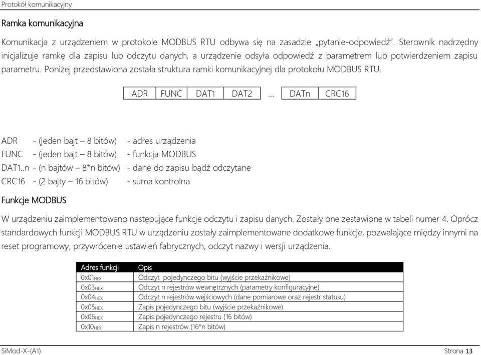 Poniżej przedstawiona została struktura ramki komunikacyjnej dla protokołu MODBUS RTU.