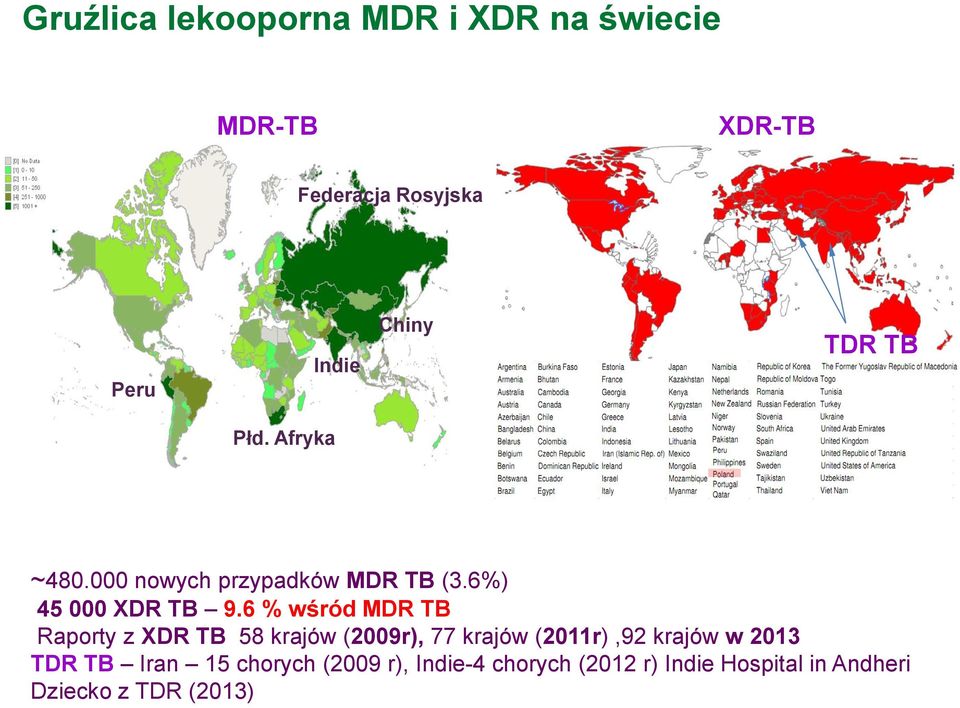 6 % wśród MDR TB Raporty z XDR TB 58 krajów (2009r), 77 krajów (2011r),92 krajów w 2013