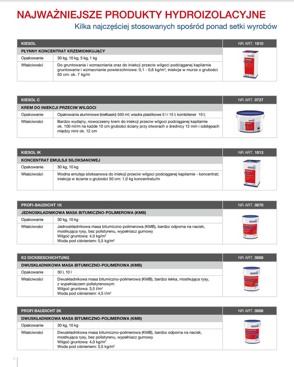 powierzchniowe: 0,1-0,6 kg/m 2 ; iniekcje w murze o grubości 50 cm: ok. 7 kg/m KIESOL C NR ART.