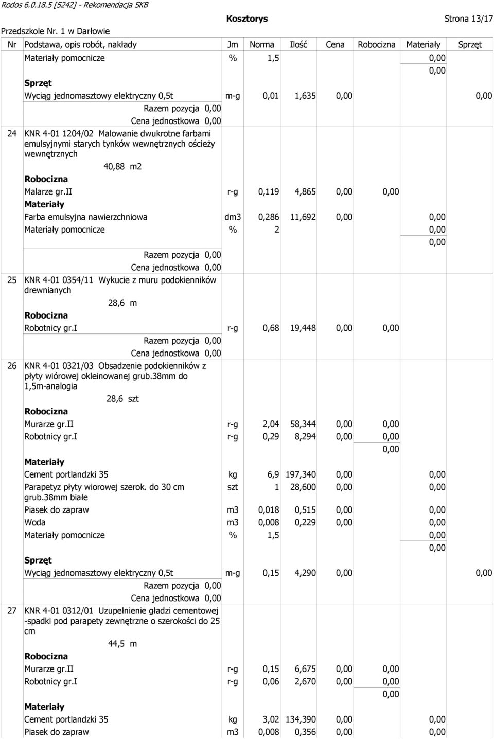 ii r-g 0,119 4,865 Farba emulsyjna nawierzchniowa dm3 0,286 11,692 pomocnicze % 2 Razem pozycja Cena jednostkowa 25 KNR 4-01 0354/11 Wykucie z muru podokienników drewnianych 28,6 m Robotnicy gr.