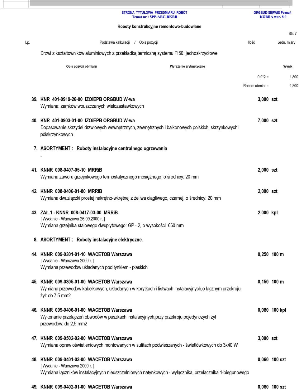 KNR 401-0903-01-00 IZOiEPB ORGBUD W-wa 7,000 szt Dopasowanie skrzydeł drzwiowych wewnętrznych, zewnętrznych i balkonowych polskich, skrzynkowych i półskrzynkowych 7.