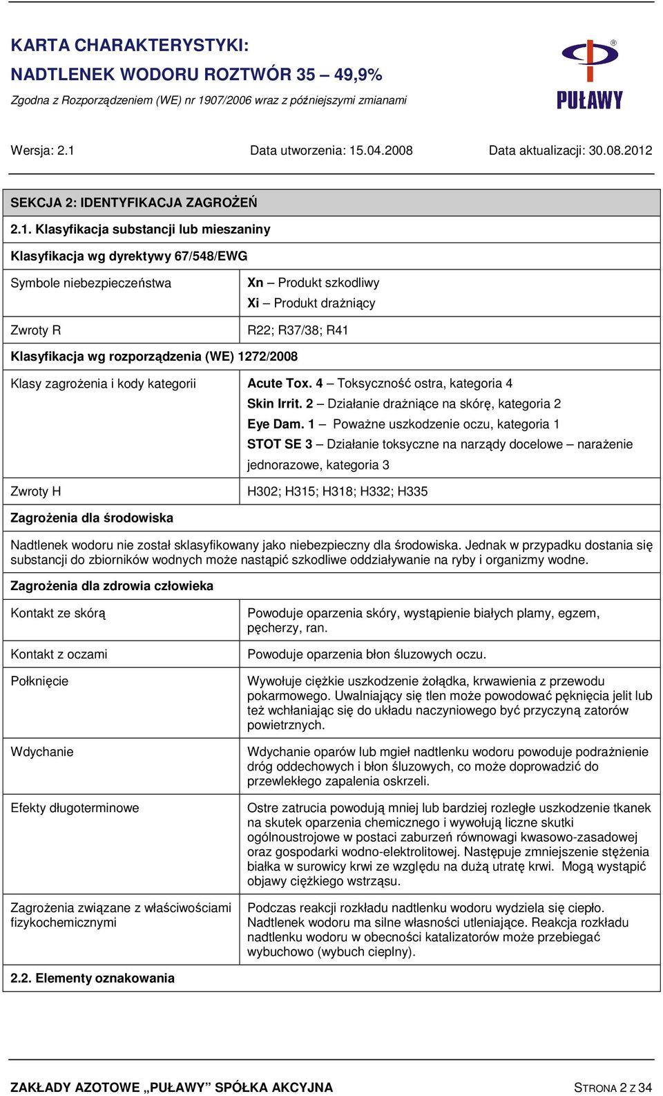 rozporządzenia (WE) 1272/2008 Klasy zagrożenia i kody kategorii Acute Tox. 4 Toksyczność ostra, kategoria 4 Skin Irrit. 2 Działanie drażniące na skórę, kategoria 2 Eye Dam.