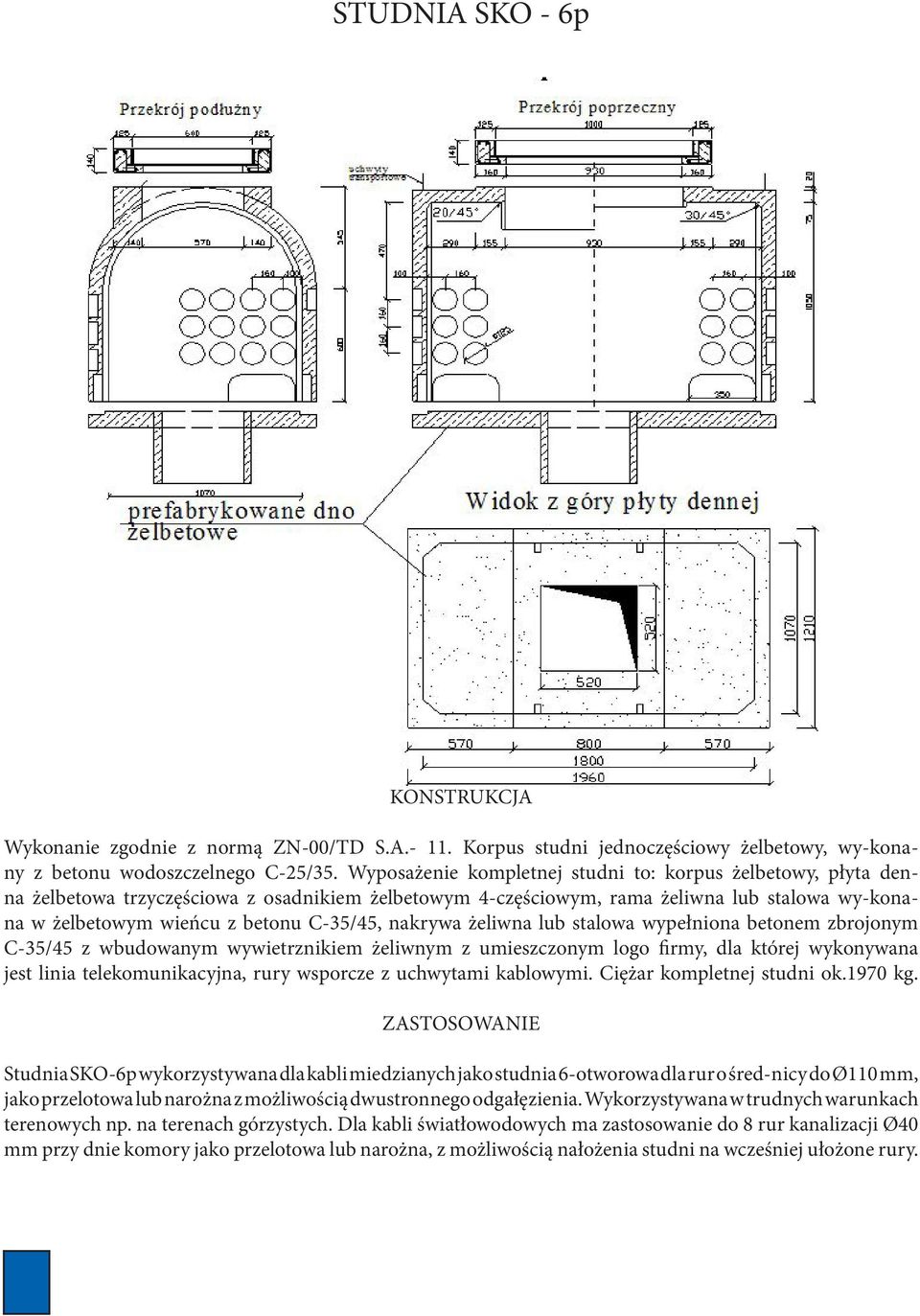 nakrywa żeliwna lub stalowa wypełniona betonem zbrojonym C-35/45 z wbudowanym wywietrznikiem żeliwnym z umieszczonym logo firmy, dla której wykonywana jest linia telekomunikacyjna, rury wsporcze z