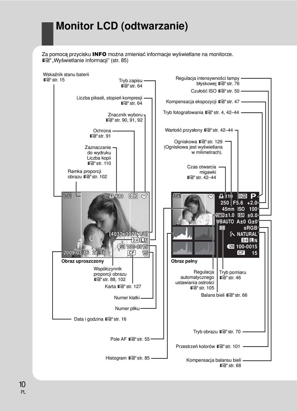 90, 91, 92 Regulacja intensywności lampy błyskowej gstr. 76 Czułość ISO gstr. 50 Kompensacja ekspozycji gstr. 47 Tryb fotografowania gstr. 4, 42 44 Wartość przysłony gstr. 42 44 Ogniskowa gstr.