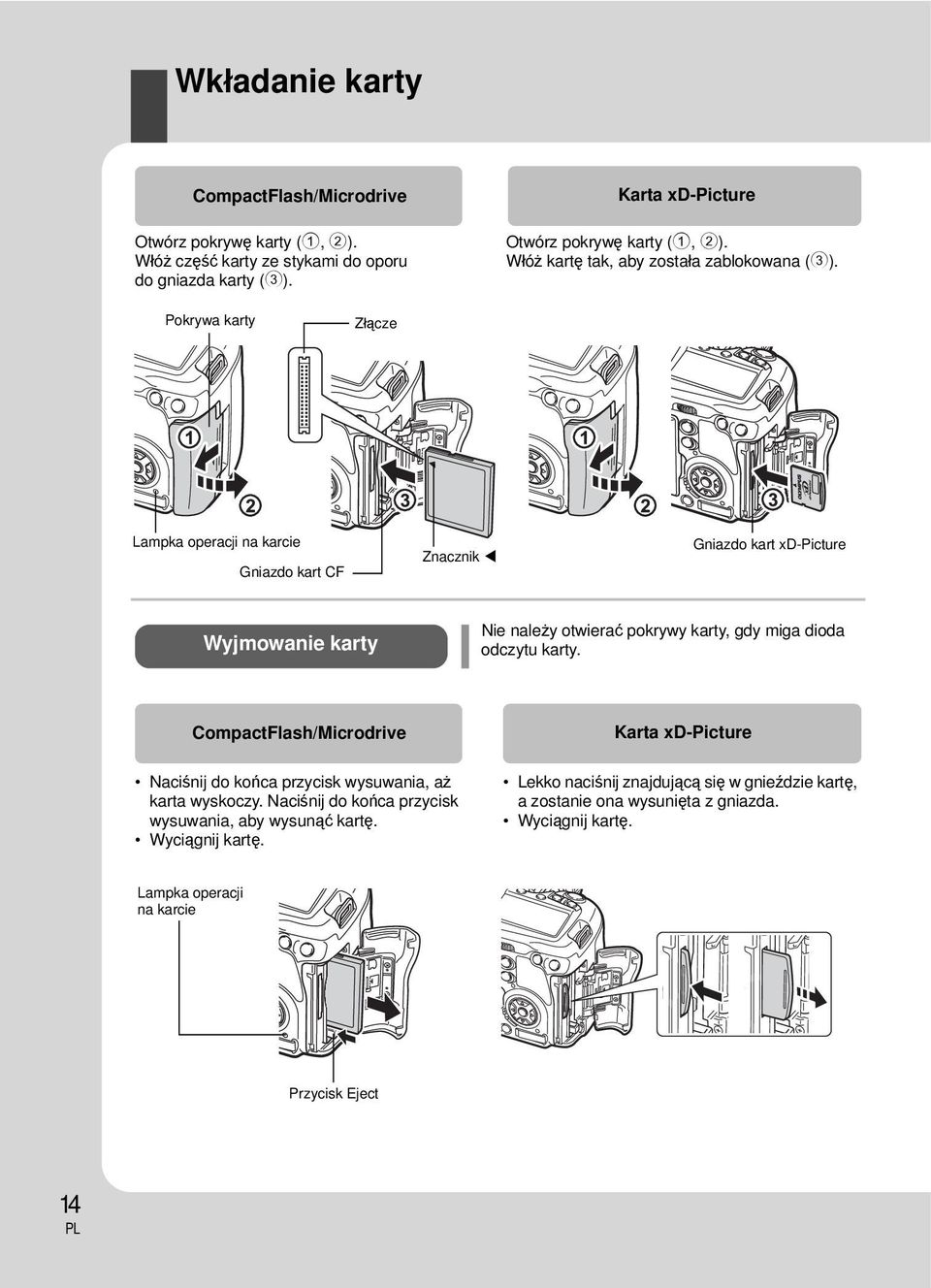 Pokrywa karty Złącze Lampka operacji na karcie Gniazdo kart CF Znacznik Gniazdo kart xd-picture Wyjmowanie karty Nie należy otwierać pokrywy karty, gdy miga dioda odczytu karty.