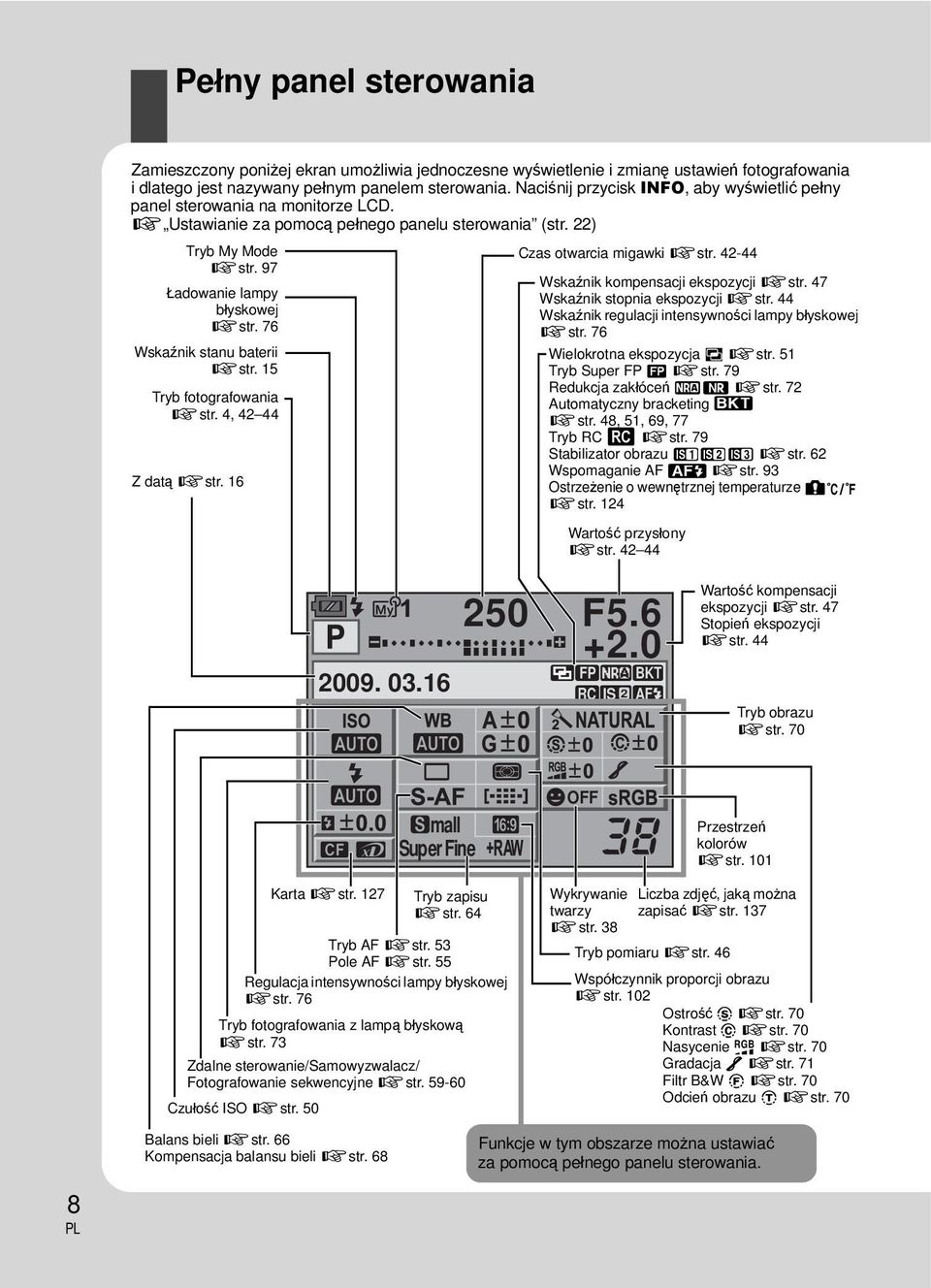 76 Wskaźnik stanu baterii gstr. 15 Tryb fotografowania gstr. 4, 42 44 Z datą gstr. 16 Czas otwarcia migawki gstr. 42-44 Wskaźnik kompensacji ekspozycji gstr. 47 Wskaźnik stopnia ekspozycji gstr.