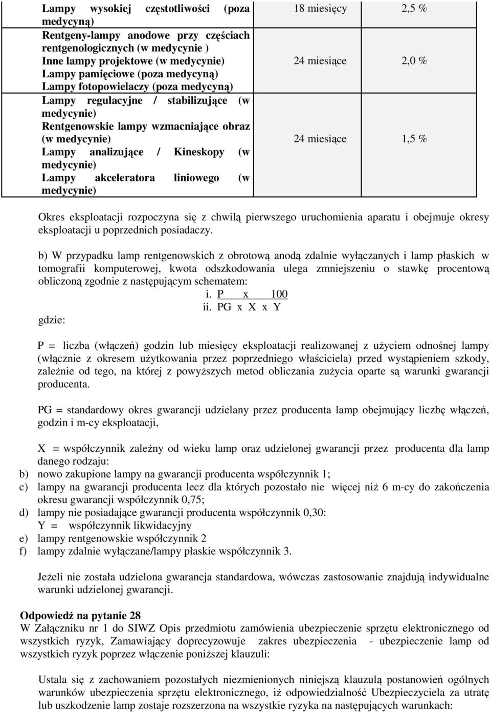 liniowego (w medycynie) 18 miesięcy 2,5 % 24 miesiące 2,0 % 24 miesiące 1,5 % Okres eksploatacji rozpoczyna się z chwilą pierwszego uruchomienia aparatu i obejmuje okresy eksploatacji u poprzednich