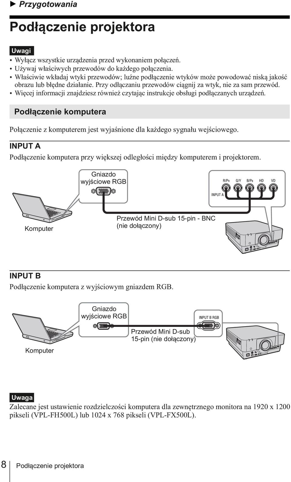 źwięcej informacji znajdziesz również czytając instrukcje obsługi podłączanych urządzeń. Podłączenie komputera Połączenie z komputerem jest wyjaśnione dla każdego sygnału wejściowego.