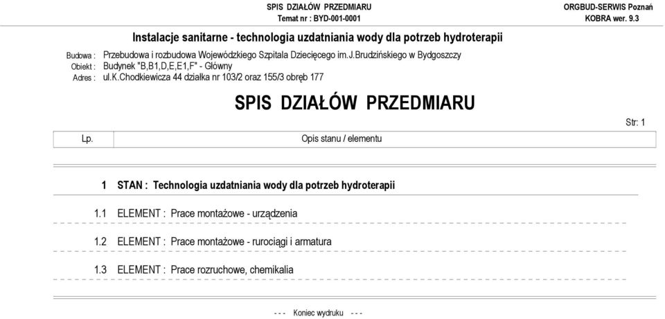 SPIS DZIAŁÓW PRZEDMIARU Opis stanu / elementu Str: 1 1 STAN : Technologia uzdatniania wody dla potrzeb hydroterapii 1.