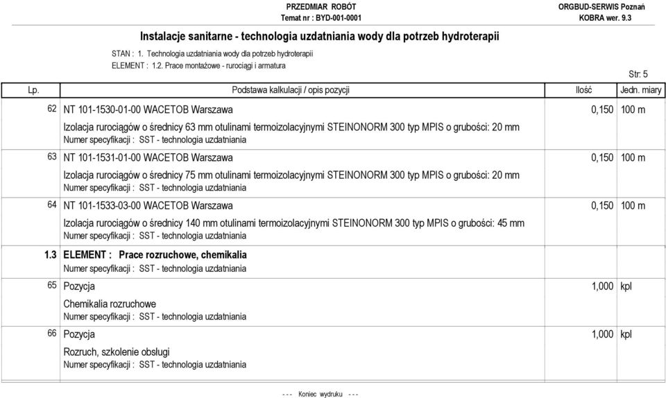 MPIS o grubości: 20 mm 63 NT 101-1531-01-00 WACETOB Warszawa 0,150 100 m Izolacja rurociągów o średnicy 75 mm otulinami termoizolacyjnymi STEINONORM 300 typ MPIS o grubości: