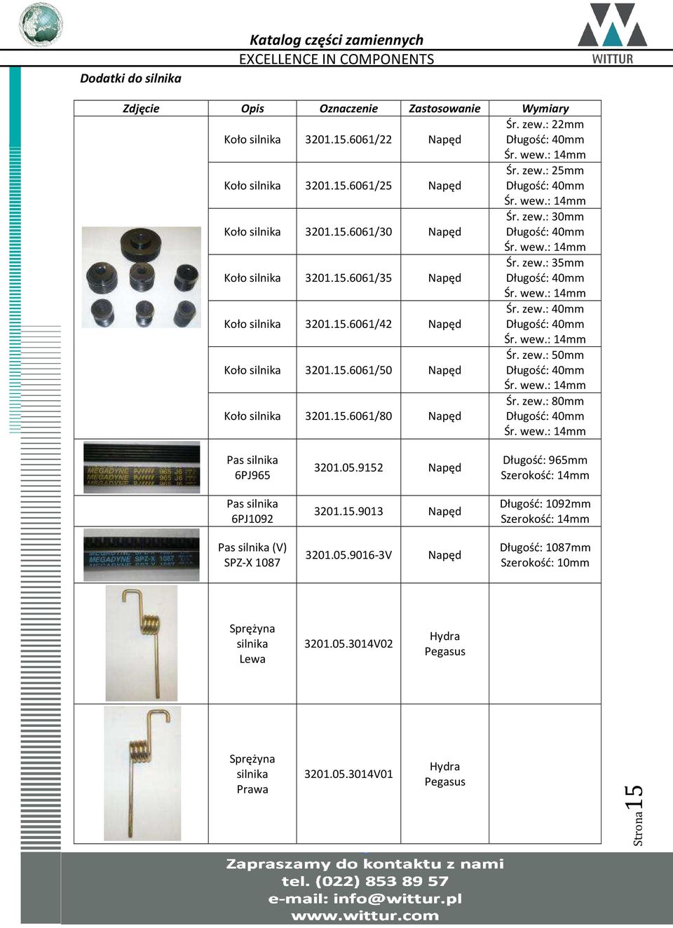 zew.: 4 Długość: 4 Śr. wew.: 14mm Koło silnika 3201.15.6061/50 Napęd Śr. zew.: 5 Długość: 4 Śr. wew.: 14mm Koło silnika 3201.15.6061/80 Napęd Śr. zew.: 8 Długość: 4 Śr. wew.: 14mm Pas silnika 6PJ965 Pas silnika 6PJ1092 3201.