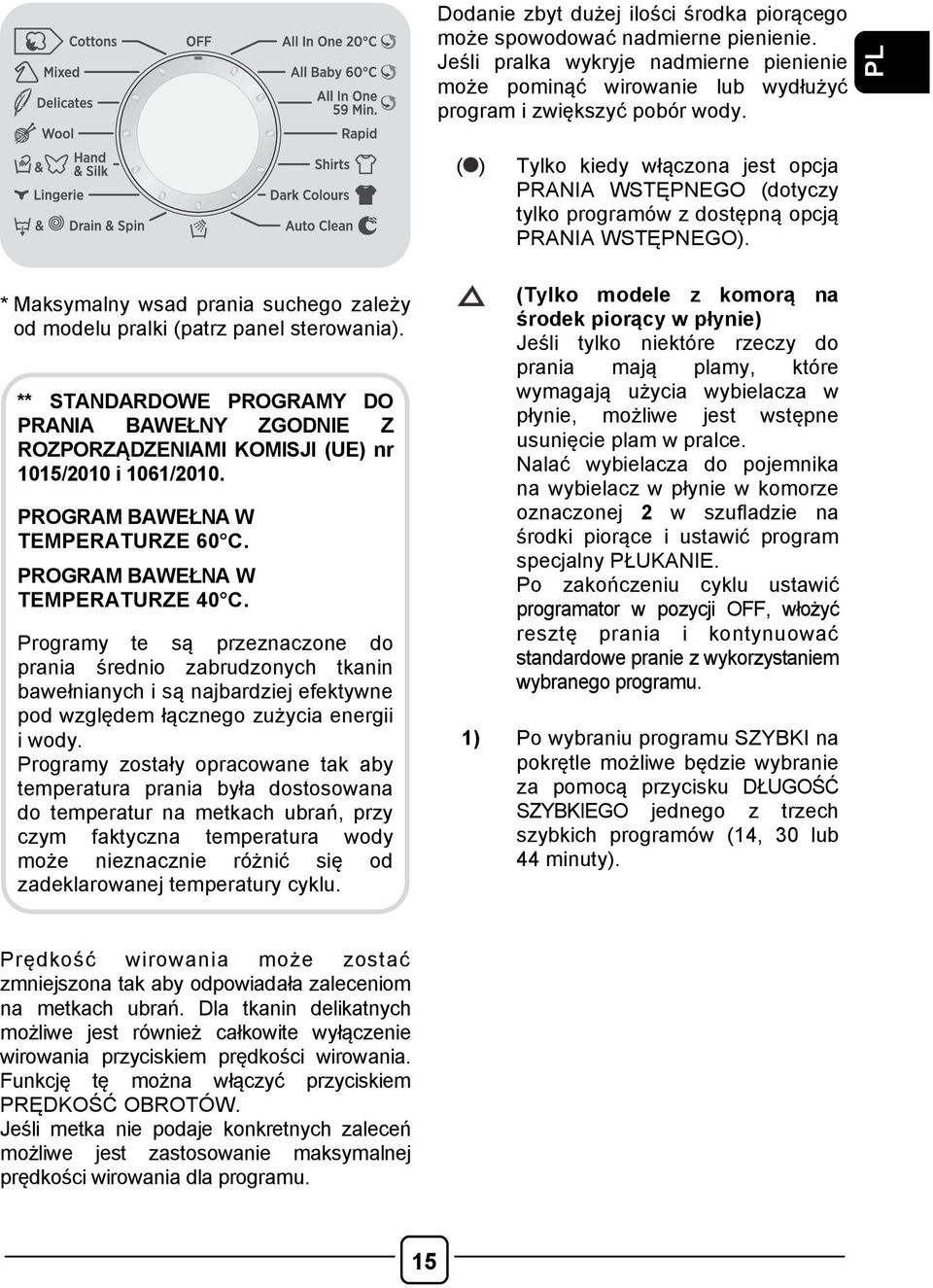 ** STANDARDOWE PROGRAMY DO PRANIA BAWEŁNY ZGODNIE Z ROZPORZĄDZENIAMI KOMISJI (UE) nr 1015/2010 i 1061/2010. PROGRAM BAWEŁNA W TEMPERATURZE 60 C. PROGRAM BAWEŁNA W TEMPERATURZE 40 C.