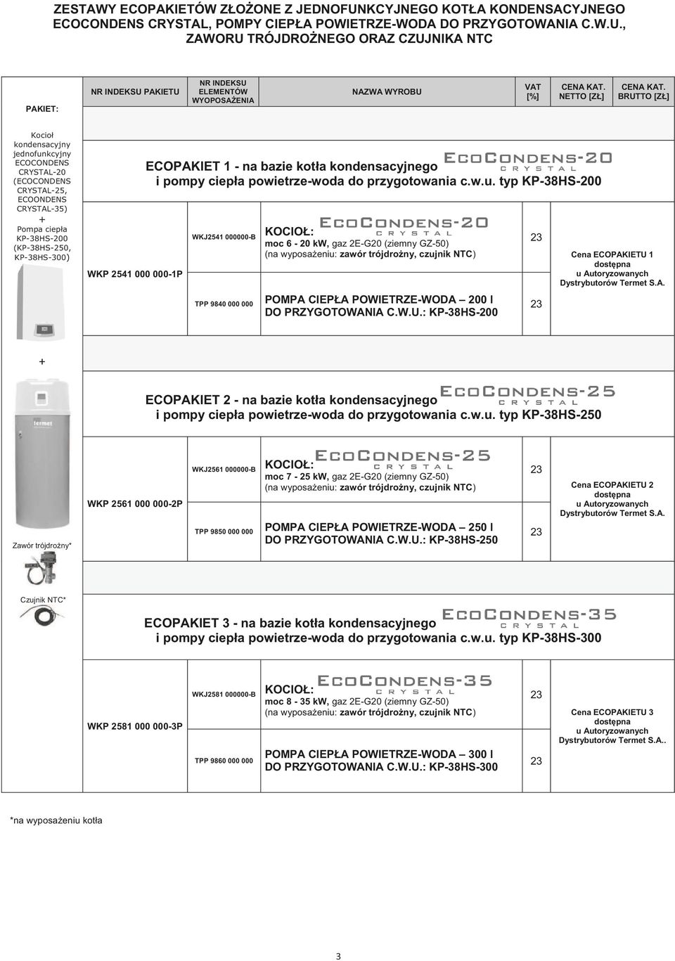 , ZAWORU TRÓJDRONEGO ORAZ CZUJNIKA NTC PAKIET: PAKIETU ELEMENTÓW WYOPOSAENIA NAZWA WYROBU NETTO [Z] BRUTTO [Z] Kocio kondensacyjny jednofunkcyjny ECOCONDENS CRYSTAL-20 (ECOCONDENS CRYSTAL-25,