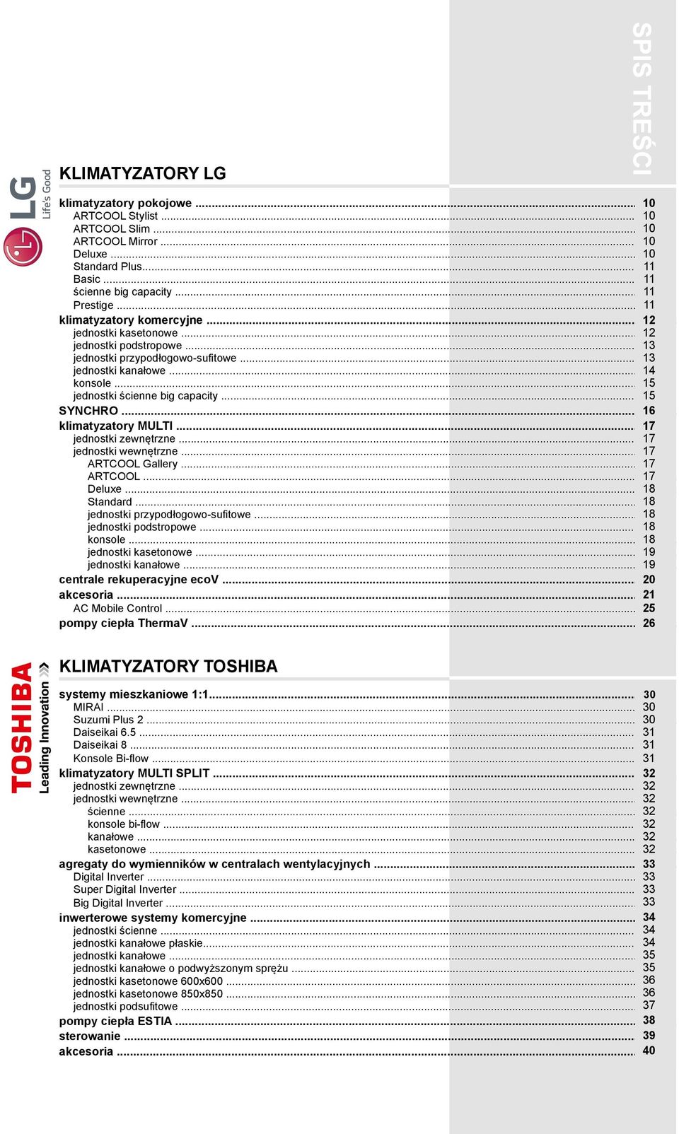 .. 15 SYNCHRO... 16 klimatyzatory MULTI... 17 jednostki zewnętrzne... 17 jednostki wewnętrzne... 17 ARTCOOL Gallery... 17 ARTCOOL... 17 Deluxe... 18 Standard... 18 jednostki przypodłogowo-sufitowe.