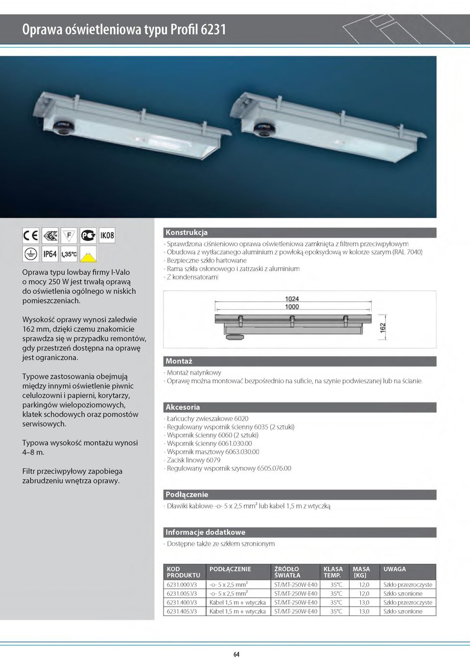 hartowane -Rama szkła osłonowego i zatrzaski z aluminium -Z kondensatorami Wysokość oprawy wynosi zaledwie 162 mm, dzięki czemu znakomicie sprawdza się w przypadku remontów, gdy przestrzeń dostępna