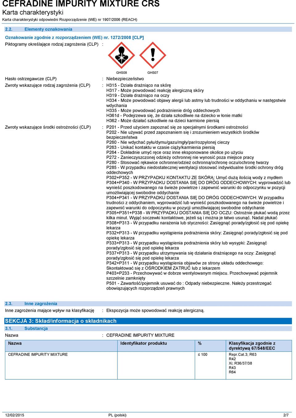 Niebezpieczeństwo GHS07 : H315 - Działa drażniąco na skórę H317 - Może powodować reakcję alergiczną skóry H319 - Działa drażniąco na oczy H334 - Może powodować objawy alergii lub astmy lub trudności