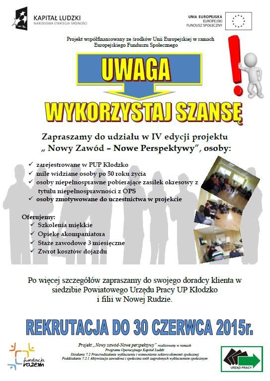 W związku z otrzymaną informacją z Dolnośląskiego Wojewódzkiego Urzędu Pracy w sprawie wydłużenia czasu trwania projektu Nowy Zawód- Nowe Perspektywy realizowanego w partnerstwie z Fundacją Razem z