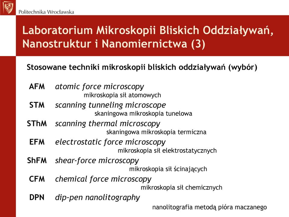 microscopy skaningowa mikroskopia termiczna EFM electrostatic force microscopy mikroskopia sił elektrostatycznych ShFM shear-force microscopy