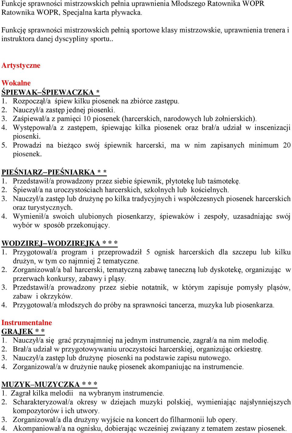 Rozpoczął/a śpiew kilku piosenek na zbiórce zastępu. 2. Nauczył/a zastęp jednej piosenki. 3. Zaśpiewał/a z pamięci 10 piosenek (harcerskich, narodowych lub żołnierskich). 4.