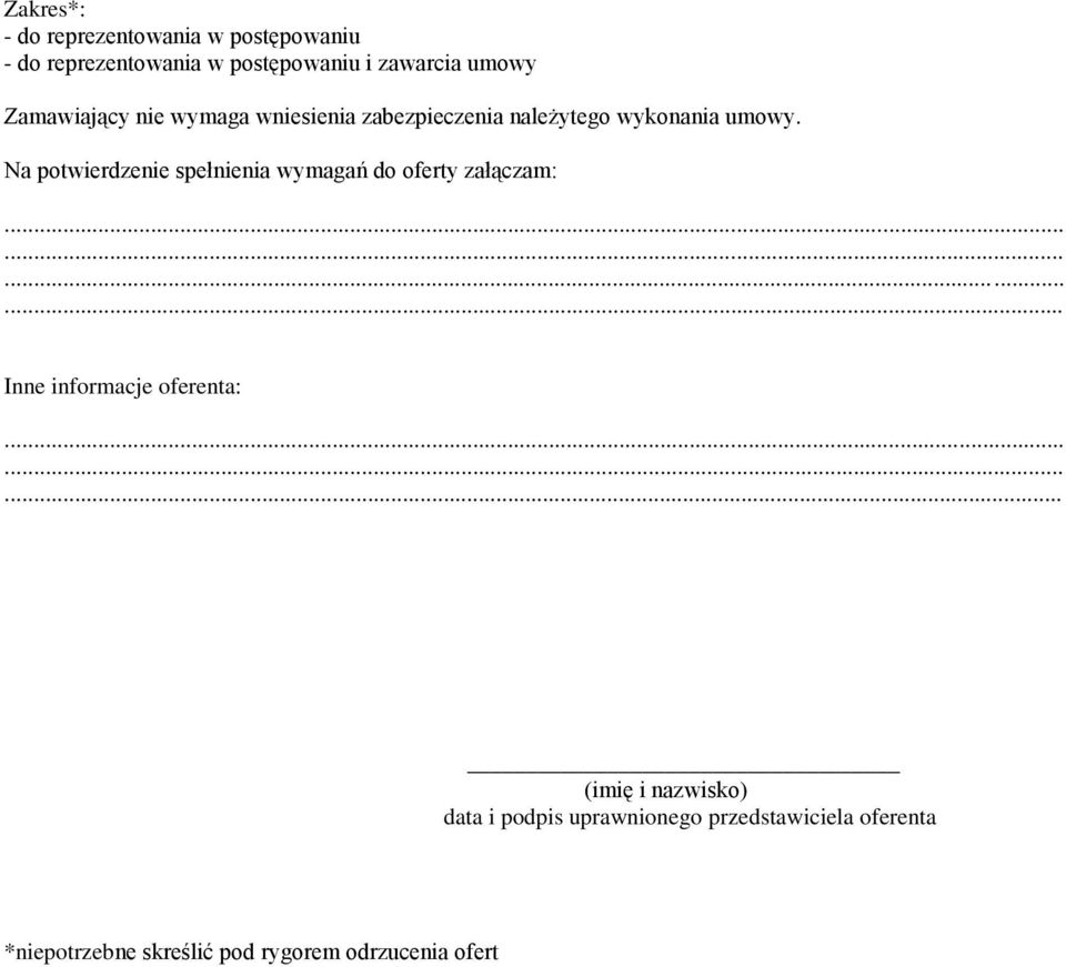 Na potwierdzenie spełnienia wymagań do oferty załączam: Inne informacje oferenta: (imię i