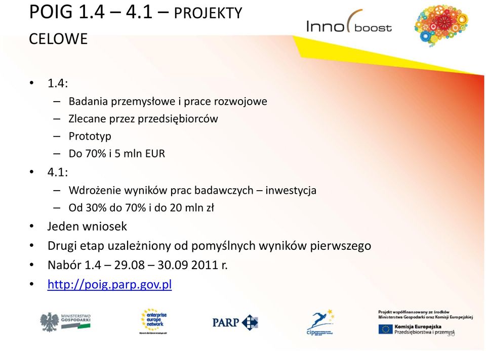 70% i 5 mln EUR Wdrożenie wyników prac badawczych inwestycja Od 30% do 70% i do 20