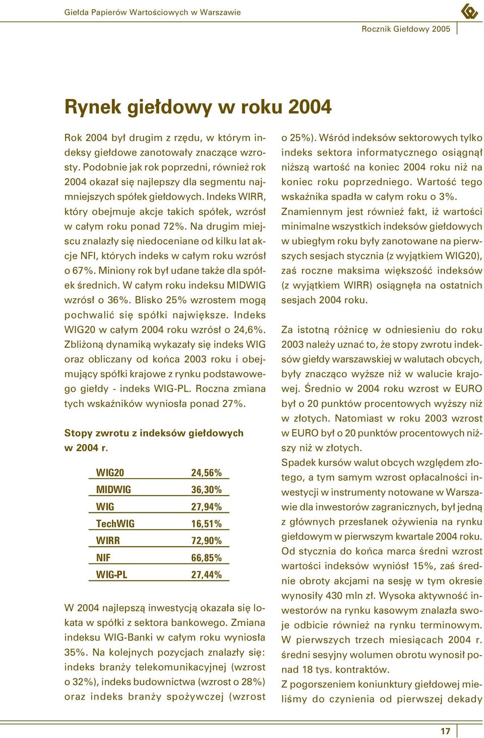 Na drugim miejscu znalazły się niedoceniane od kilku lat akcje NFI, których indeks w całym roku wzrósł o 67%. Miniony rok był udane także dla spółek średnich. W całym roku indeksu MIDWIG wzrósł o 36%.