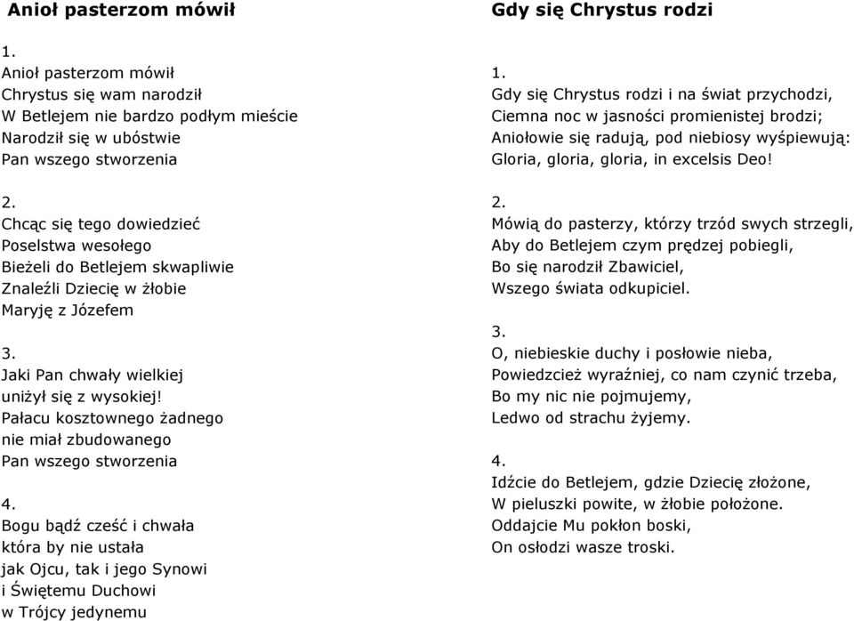 Bogu bądź cześć i chwała która by nie ustała jak Ojcu, tak i jego Synowi i Świętemu Duchowi w Trójcy jedynemu Gdy się Chrystus rodzi Gdy się Chrystus rodzi i na świat przychodzi, Ciemna noc w