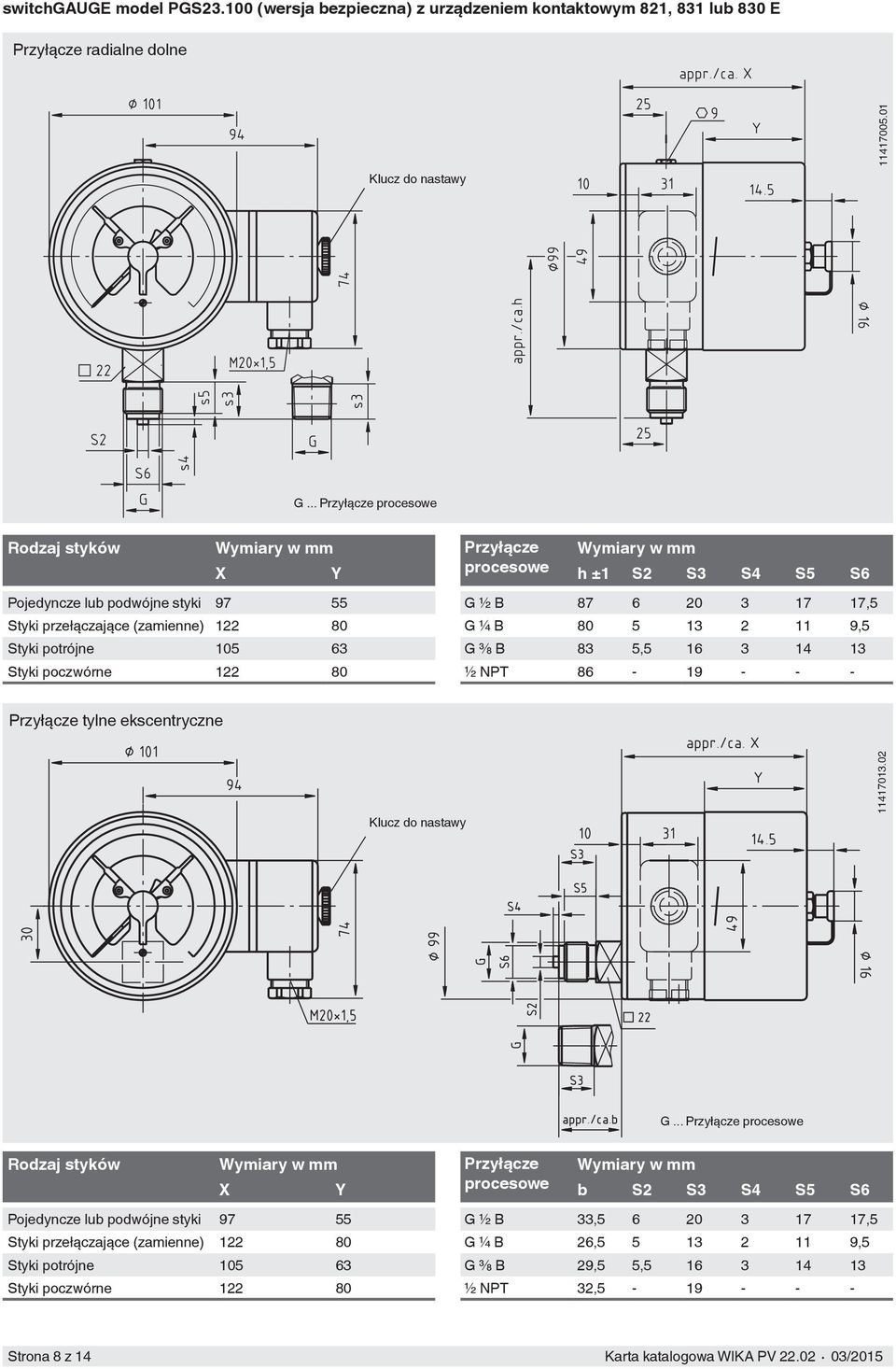 G ¼ B 80 5 13 2 11 9,5 G ⅜ B 83 5,5 16 3 14 13 ½ NPT 86-19 - - - tylne ekscentryczne 11417013.02 G.