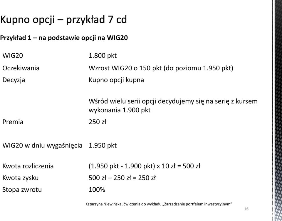 950 pkt) Kupno opcji kupna Premia Wśród wielu serii opcji decydujemy się na serię z kursem