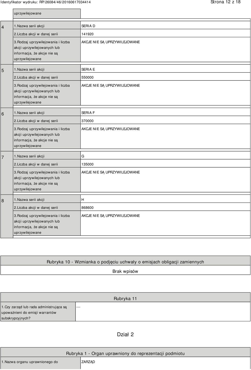 Liczba akcji w danej serii 550000 3.Rodzaj uprzywilejowania i liczba akcji uprzywilejowanych lub informacja, że akcje nie są uprzywilejowane AKCJE NIE SĄ UPRZYWILEJOWANE 6 1.