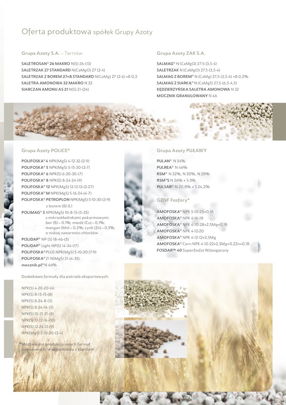 5-(3,5-4) SALETRZAK Z BOREM 27+B STANDARD N(CaMg) 27 (2-4) +B 0,2 SALMAG Z BOREM N (CaMg) 27,5-(3,5-4) +B 0,2% SALETRA AMONOWA 32 MAKRO N 32 SALMAG Z SIARKĄ N (CaMgS) 27,5-(6,5-4,5) SIARCZAN AMONU AS