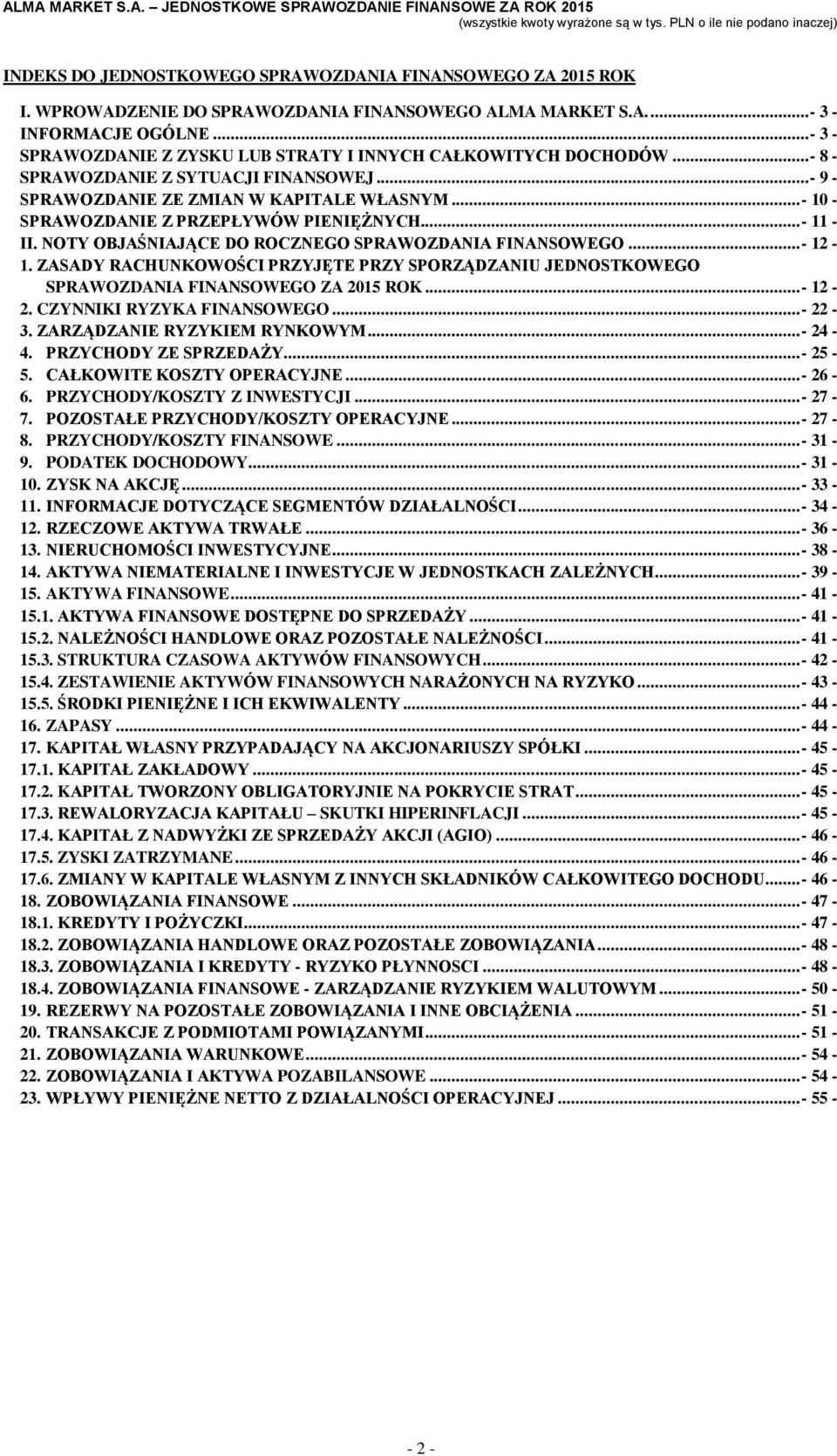 .. - 10 - SPRAWOZDANIE Z PRZEPŁYWÓW PIENIĘŻNYCH... - 11 - II. NOTY OBJAŚNIAJĄCE DO ROCZNEGO SPRAWOZDANIA FINANSOWEGO... - 12-1.